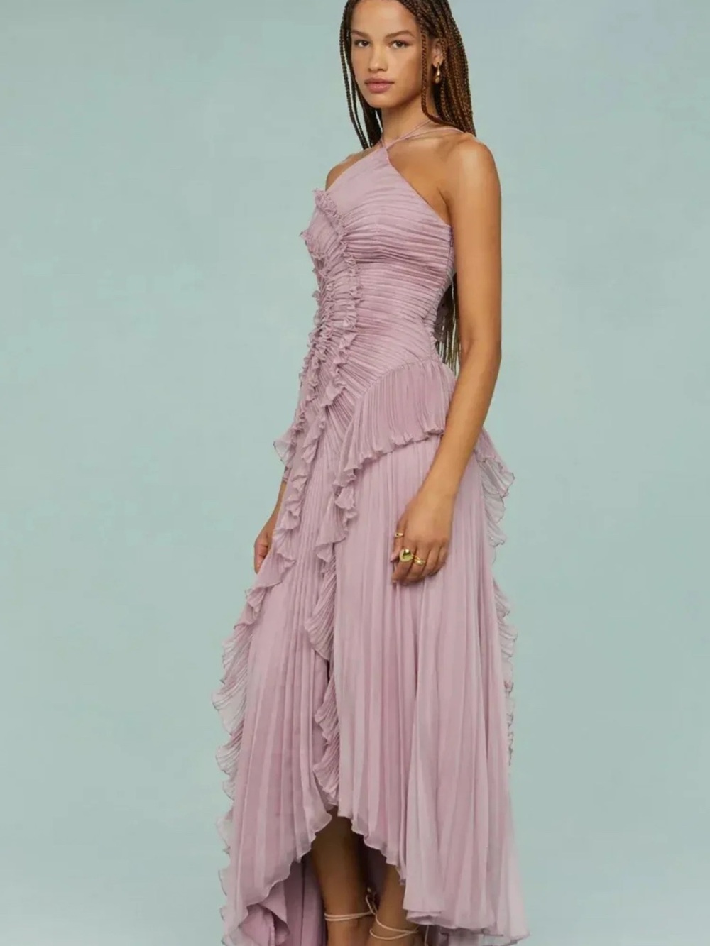 Ruched One-Shoulder High-Low Maxi Dress in Dusty Lilac